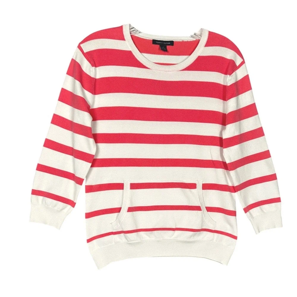 Tommy Hilfiger Womens Striped Sweater Size M Coral White Preppy Coastal Vintage